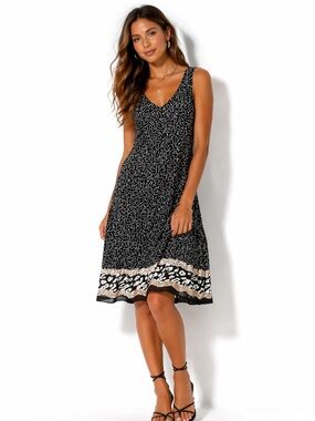 Tribal Black White Polka Dot Midi Dress L NWT Sleeveless Summer Boho